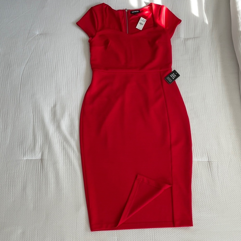 Brand New Express red Midi sheath dress, size small with slit in front.
